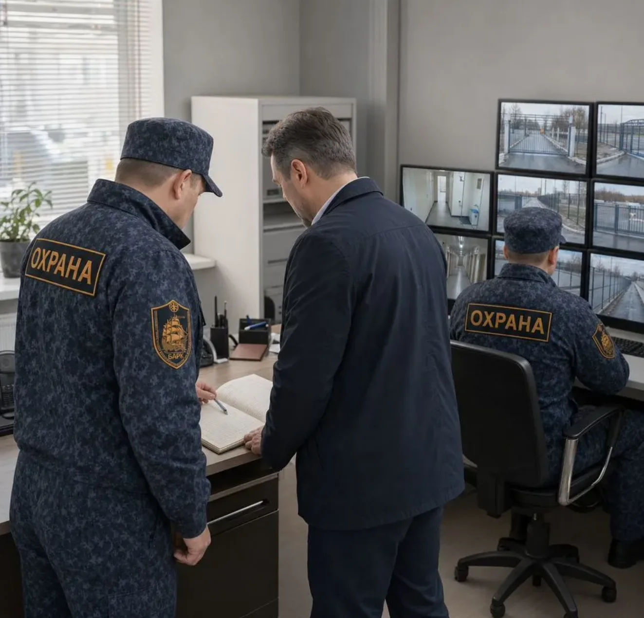 Пост охраны: начальник смены и оператор видеонаблюдения за пультом