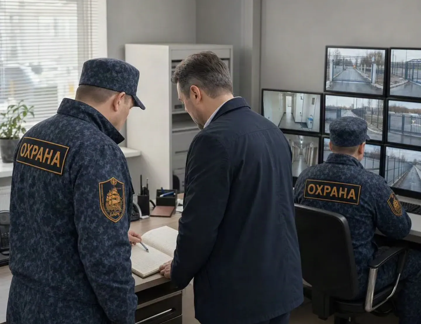 Пост охраны ЧОП «Барк»: сотрудники в форме и руководитель объекта у журнала, на стене мониторы с камерами