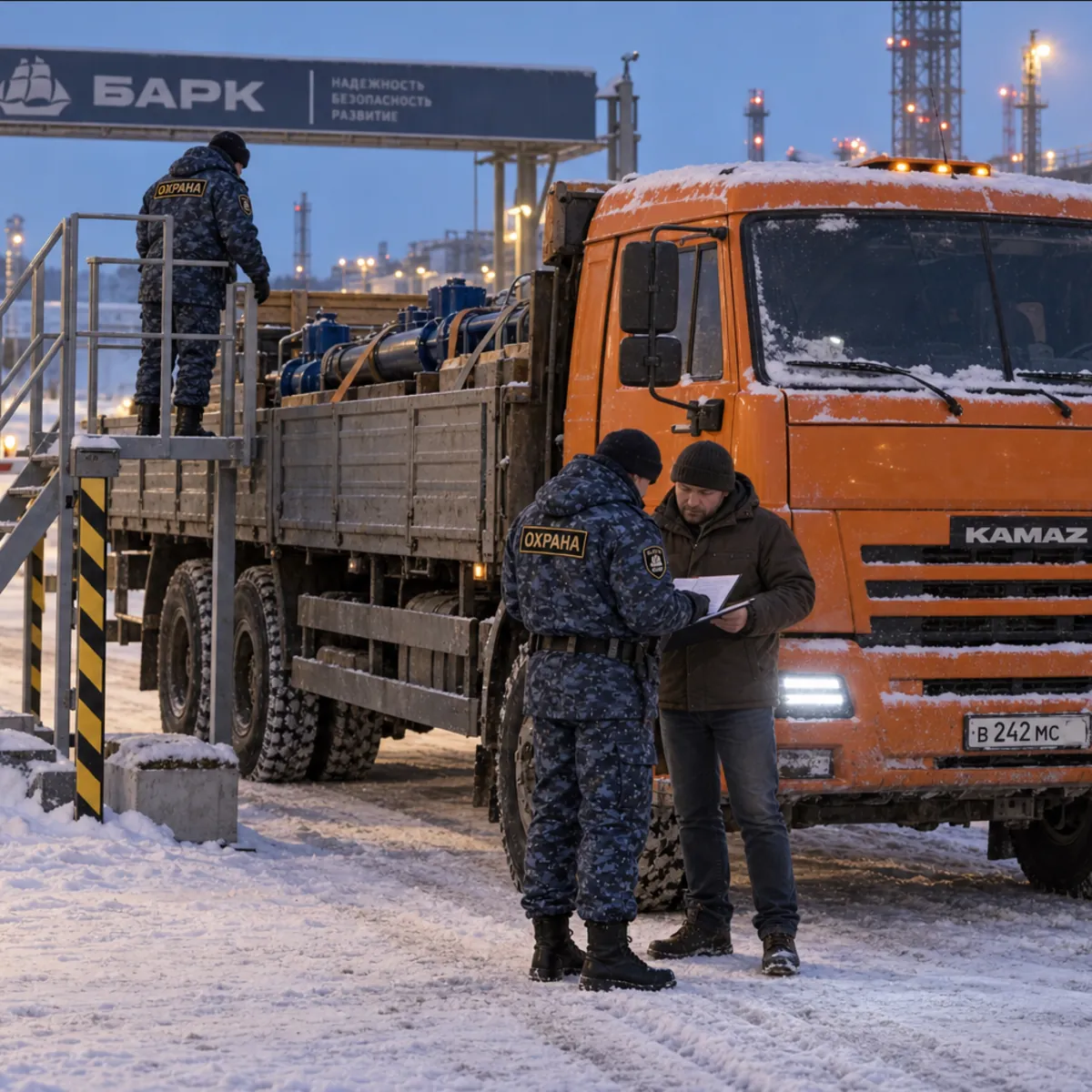 Охрана на въезде промышленной базы проверяет документы на груз