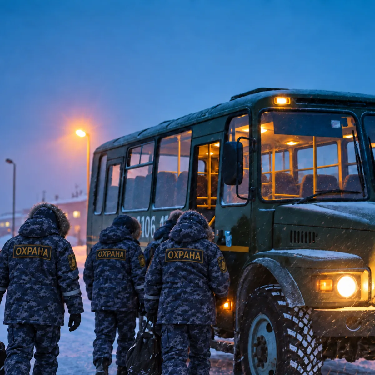 Охранники с сумками садятся в вахтовый автобус на заснеженной площадке